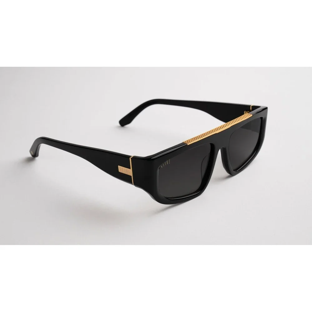 NIOB 9FIVE X01 Black Sunglasses Gold Trim Square Flat Top Mens Womens UV Protect